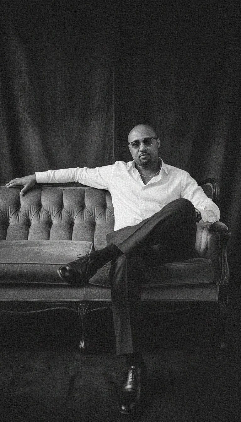 Alex seated on a sofa wearing a white shirt and dark trousers