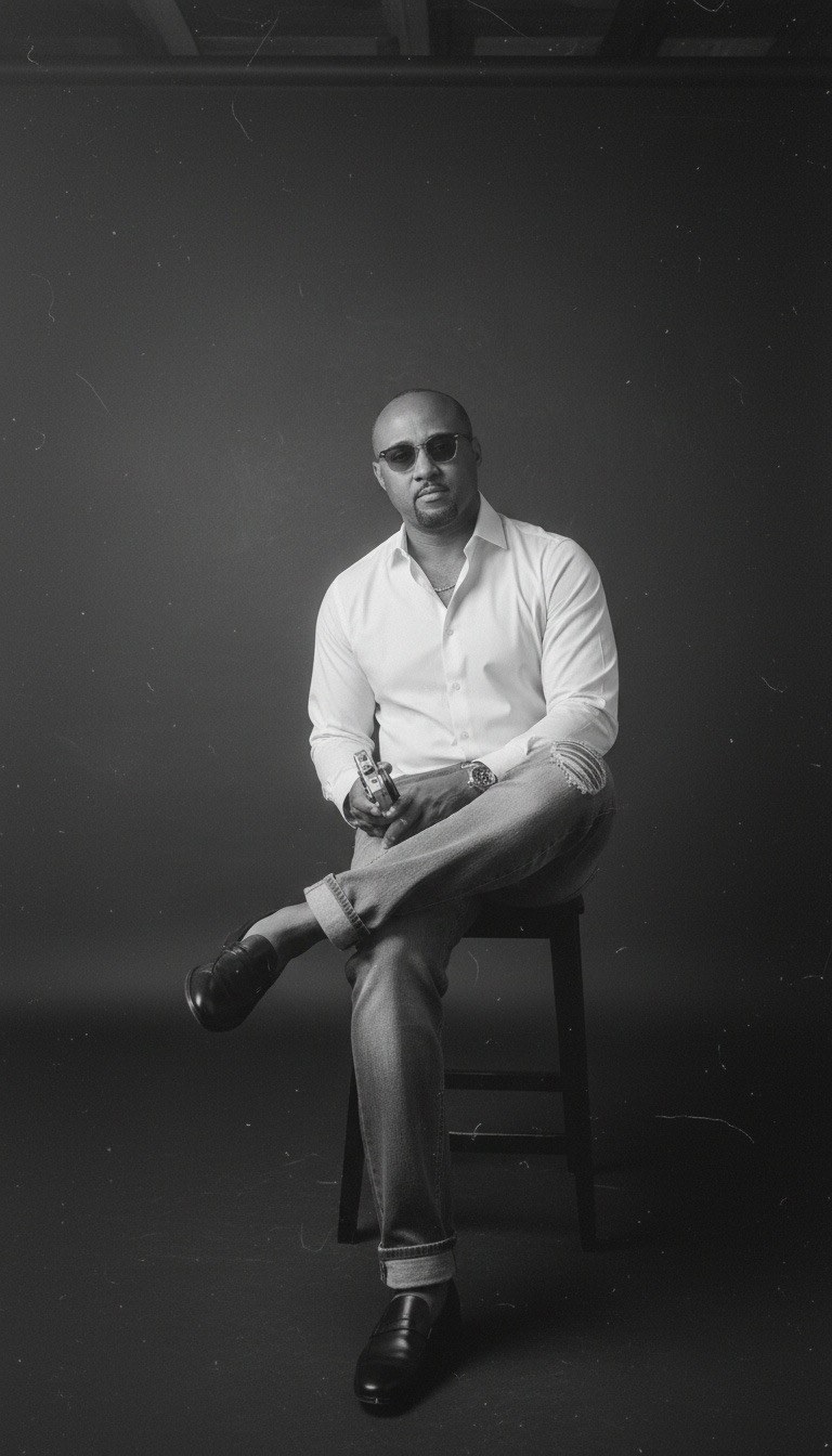 Alex seated in a white shirt and tailored trousers