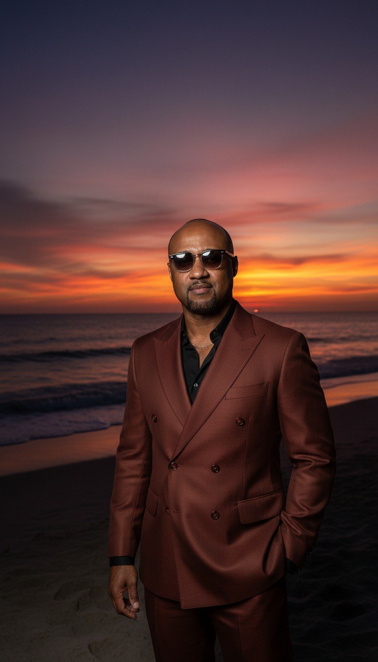 Alex in a burgundy double-breasted suit